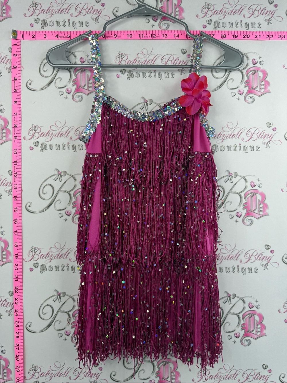 Dance dress flipper  Fuchsia Sequin Fringe Costume Dress with Flower Accent